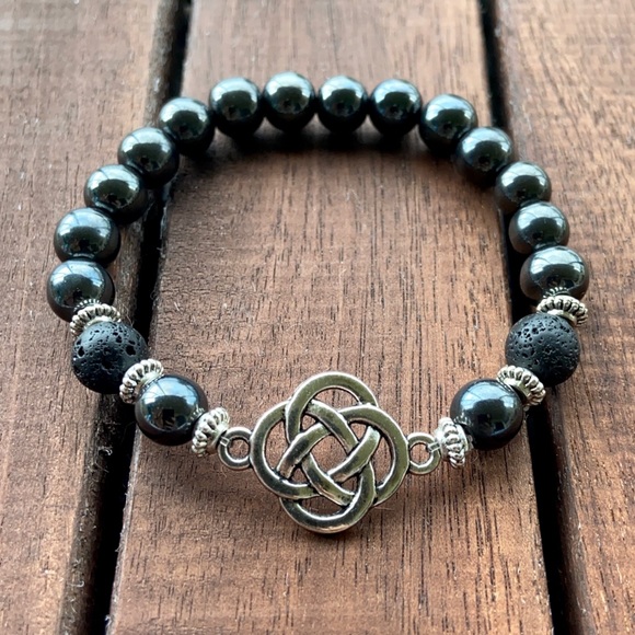 Silver Celtic knot lava rock & hematite bracelet - Picture 8 of 14